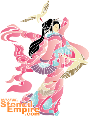 Geisha och svanar - schablon för dekoration