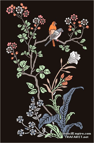 Orientaliska fåglar på grenarna - schablon för dekoration